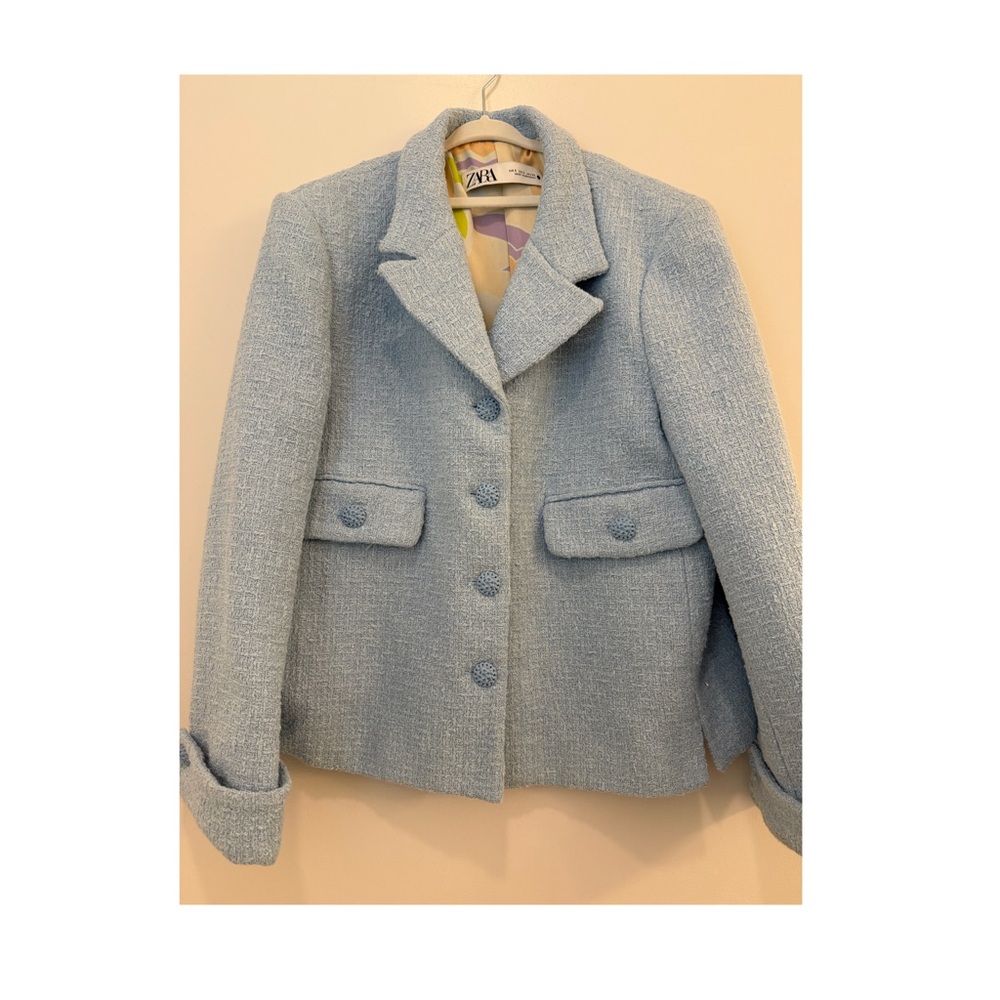 Zara Boucle Jacket Lined Pale Blue Size S new with no tags
